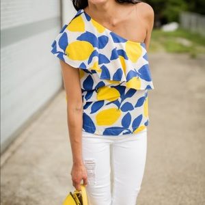 One shoulder lemon print top by LOFT.